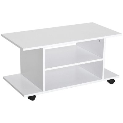 HOMCOM Meuble TV bas &agrave; roulettes avec &eacute;tag&egrave;re panneaux de particules blanc