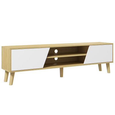 HOMCOM Meuble TV bas sur pied style scandinave 2 portes 2 niches ch&ecirc;ne clair