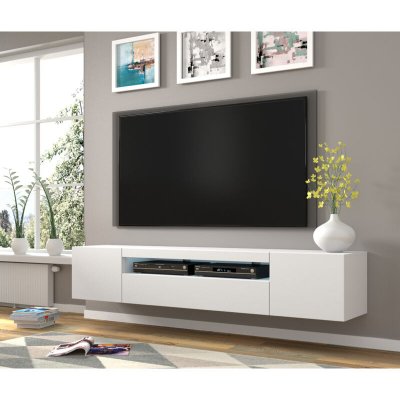 BIM FURNITURE Meuble TV bas universel Aura 200 cm &agrave; suspendre ou &agrave; poser blanc mat avec LED