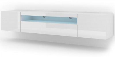 BIM FURNITURE Meuble TV bas universel Aura 200 cm &agrave; suspendre ou &agrave; poser blanc mat / blanc brillant avec LED