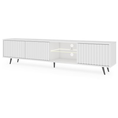 SELSEY Meuble TV - BELLO - 175 cm blanc, fa&ccedil;ades &agrave; lamelles et pieds noirs