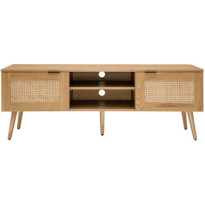MILIBOO Meuble TV bois clair, cannage rotin et m&eacute;tal noir 2 portes L140 cm MANILLE