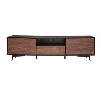 MILIBOO Meuble TV bois fonc&eacute; noyer, noir mat et m&eacute;tal noir 2 portes 1 tiroir L160 cm MERMOZ
