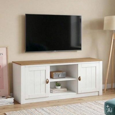 IDIMEX Meuble TV BOLTON 2 portes et 2 niches, en pin massif lasur&eacute; blanc et brun