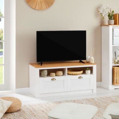 IDIMEX Meuble TV BOLTON 2 tiroirs et 2 niches, en pin massif blanc et brun