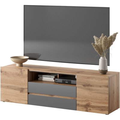 SELSEY Meuble tv - BROS - 140 cm - ch&ecirc;ne wotan / gris brillant - avec led