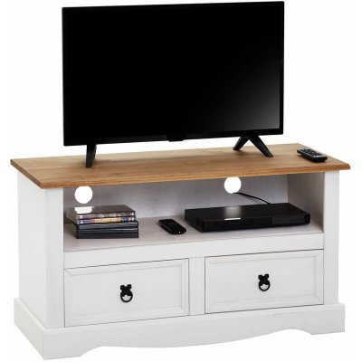IDIMEX Meuble TV CAMPO avec 2 tiroirs, style mexicain en pin massif blanc et brun