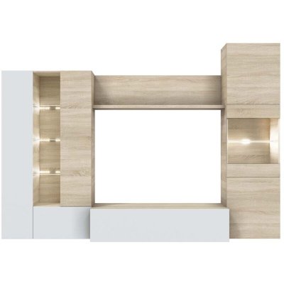 PEGANE Meuble tv coloris blanc brillant / ch&ecirc;ne canadien en m&eacute;lamine - dim : 185 x 260 x 42 cm