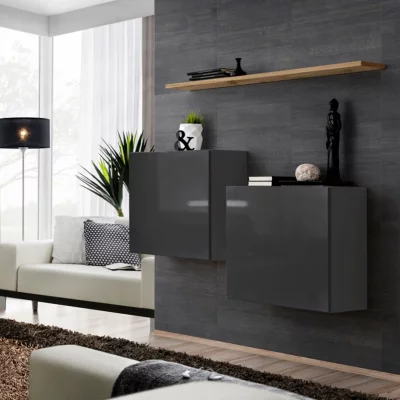 Meuble TV - Commode - Switch SB I - 2 vitrines carr&eacute;es - 1 &eacute;tag&egrave;re - Bois et graphite - Mod&egrave;le 2