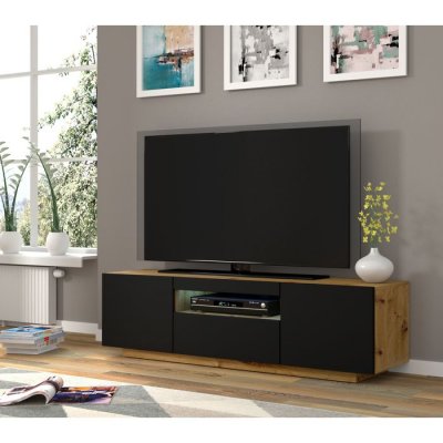 BIM FURNITURE Meuble TV couleur ch&ecirc;ne et noir avec rangement fabriqu&eacute; en HDF et MDF 