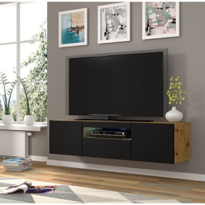 BIM FURNITURE Meuble TV couleur ch&ecirc;ne et noir avec rangements fabriqu&eacute; en HDF et MDF avec &eacute;clairage 