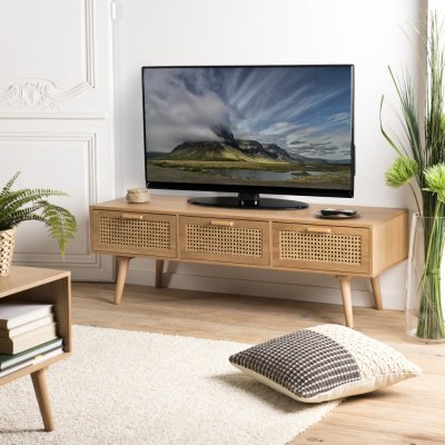 MACABANE Meuble TV couleur naturel 3 tiroirs cannage - RODRIGUE
