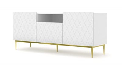 BIM FURNITURE Meuble TV DIUNA 2D1K 145 cm blanc mat, fa&ccedil;ades d&eacute;cor&eacute;es, sur le cadre