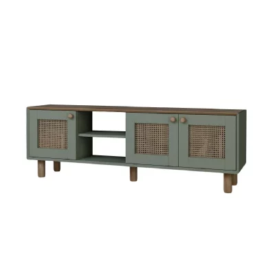 HANAH HOME Meuble Tv En Bois Et Cannage ""bohemian"" - 160 X 40 X 56 Cm - Vert
