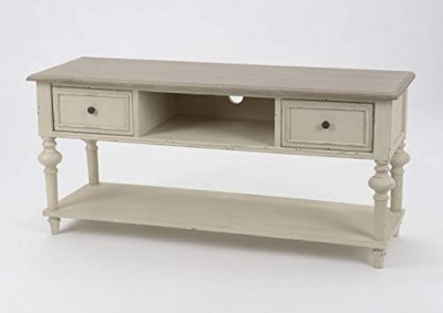 HELLIN Meuble Tv En Bois Patine Vieilli Beige 2 Tiroirs L&eacute;gende Amadeus