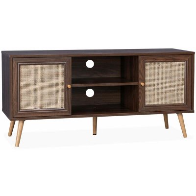 SWEEEK Meuble TV en cannage couleur bois fonc&eacute; 