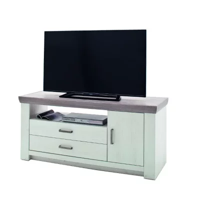 PEGANE Meuble tv en pin blanc et ch&ecirc;ne Neslon - L.180 x H.66 x P.56 cm 
