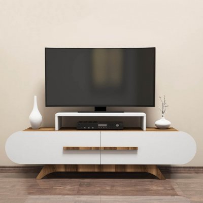 COTECOSY Meuble tv fa&ccedil;ade ovale ellipsis 145cm panneau bois naturel blanc