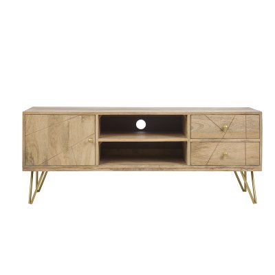 MILIBOO Meuble TV grav&eacute; en manguier massif et m&eacute;tal L130 LINIUM L130xP40xH50