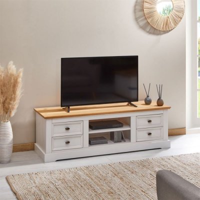 IDIMEX Meuble TV KENT en pin massif, lasur&eacute; blanc et brun