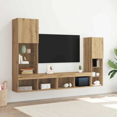 VIDAXL Meuble TV LED Ch&ecirc;ne Artisan avec &Eacute;clairage Bleu 40.5x30x102 cm