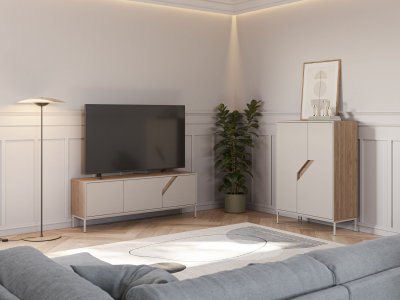 AUCUNE Meuble TV LILOU - Ch&ecirc;ne Artisan & Cr&egrave;me - 3 portes - 150 x 35 x 55 cm