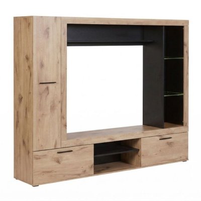 ALTOBUY Meuble tv mural avec banc tv et colonnes lat&eacute;rales aspect bois et noir