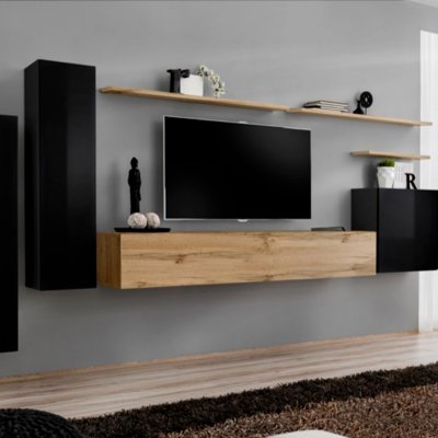 PARIS PRIX Meuble TV Mural Design Switch I 330cm Noir & Naturel