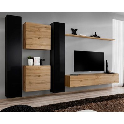 PARIS PRIX Meuble TV Mural Design Switch VI 330cm Noir & Naturel
