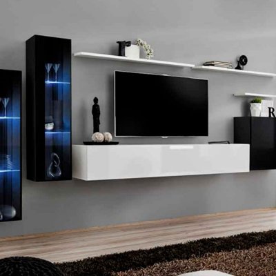 PARIS PRIX Meuble tv mural design ""switch xi"" 330cm blanc & noir