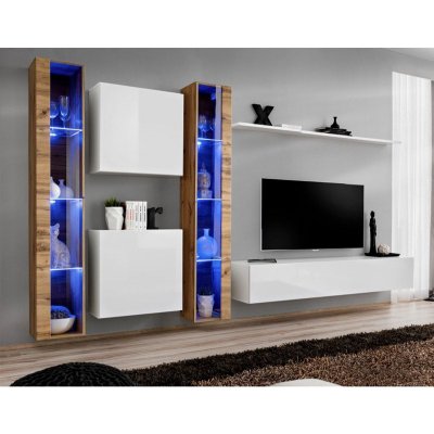 PARIS PRIX Meuble TV Mural Design Switch XVI 330cm Blanc & Naturel