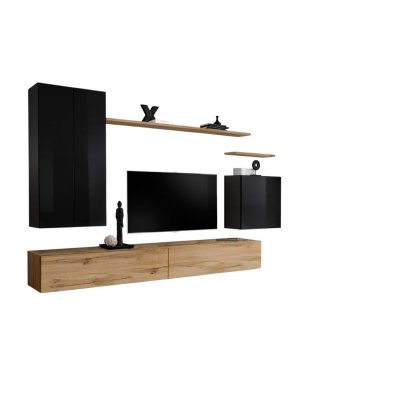 PRICE FACTORY Meuble TV mural SWITCH II design, coloris ch&ecirc;ne Wotan et noir brillant. 37 Noir