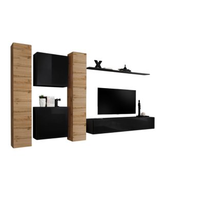 PRICE FACTORY Meuble TV mural SWITCH VI design, coloris noir brillant et ch&ecirc;ne Wotan. 40 Noir