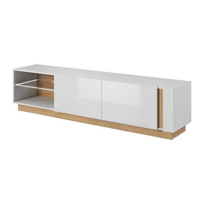 VENTE UNIQUE Meuble TV MURARI - 2 portes et 2 niches - Avec LEDs - Blanc brillant et ch&ecirc;ne