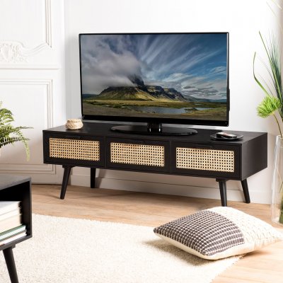 MACABANE Meuble TV noir 3 tiroirs cannage - MIGUEL