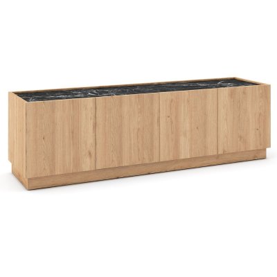 ALTOBUY Meuble TV ODALYS 4 portes m&eacute;lamin&eacute; imitation bois et marbre noir 160x42x48 cm