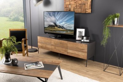 MACABANE Meuble TV portes tiroir en teck recycl&eacute; pieds m&eacute;tal gris anthracite