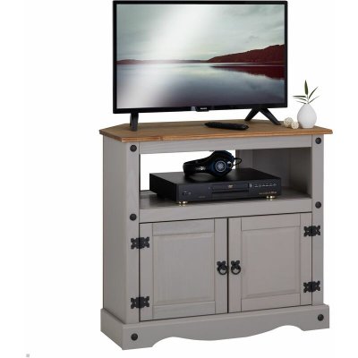 IDIMEX Meuble TV RAMON avec 2 portes, style mexicain en pin massif gris et brun
