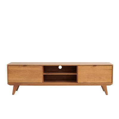 HELLIN Meuble tv r&eacute;tro en ch&ecirc;ne massif 2 niches 2 portes l180 noir - mallet