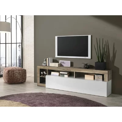VENTE UNIQUE Meuble TV SEFRO - 1 porte et 4 niches - Blanc laqu&eacute; et ch&ecirc;ne 