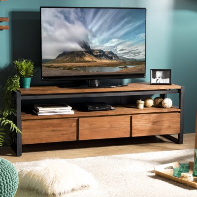 MACABANE Meuble Tv SIXTINE 3 Tiroirs Et 1 &Eacute;tag&egrave;re Bois Teck Recycl&eacute; Et M&eacute;tal