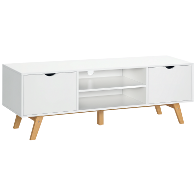 HOMCOM Meuble TV style scandinave 2 portes 2 niches blanc bois h&eacute;v&eacute;a