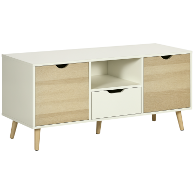 HOMCOM Meuble TV style scandinave 2 portes tiroir niche blanc ch&ecirc;ne clair