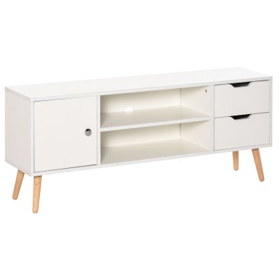 HOMCOM Meuble TV style scandinave pieds pin massif blanc