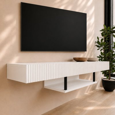DESIGN AMEUBLEMENT Meuble TV suspendu 1 tiroir Meuble TV de salon Couleur Blanc Mod&egrave;le Renzo 150x30x22cm