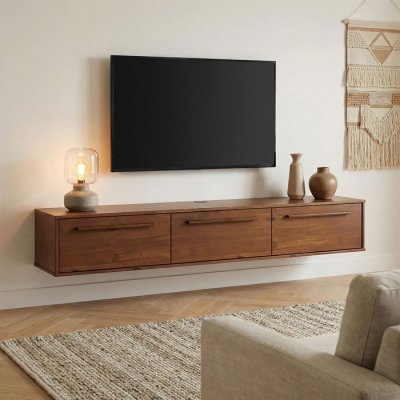 IDIMEX Meuble TV suspendu TECCA L 180 cm 3 portes en bois massif - Coloris ch&acirc;taignier