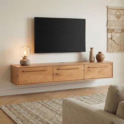 IDIMEX Meuble TV suspendu TECCA  L 180 cm 3 portes en bois massif - Coloris ch&ecirc;ne