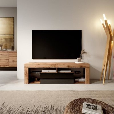 SELSEY Meuble tv tablettes en verre ch&ecirc;ne lancaster noir brillant