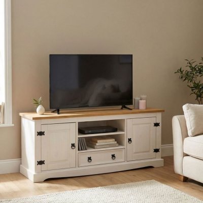IDIMEX Meuble TV TEQUILA, 2 portes et 1 tiroir, en pin massif lasur&eacute; blanc et brun