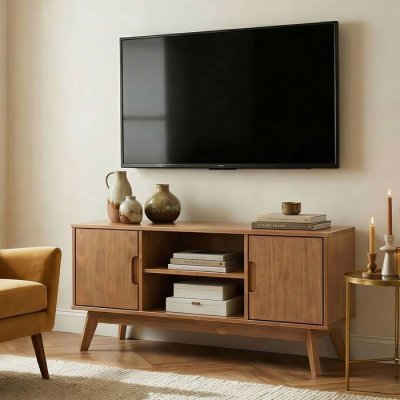 IDIMEX Meuble TV TIVOLI, 2 portes et 2 niches, en pin massif lasur&eacute; brun fonc&eacute;